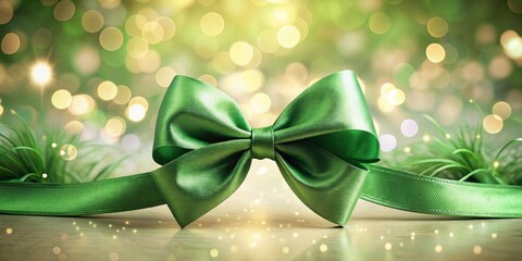 Wall Mural - elegant green satin ribbon bow on a soft surface with bokeh background