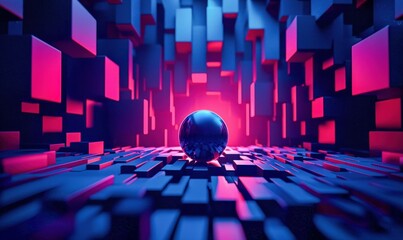 Poster - A captivating abstract composition featuring a sphere surrounded by neon-lit geometric shapes.