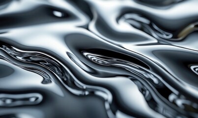 Poster - Close-up of liquid chrome showcasing dynamic ripples and smooth, reflective surfaces for futuristic design.