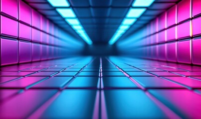 Poster - A mesmerizing perspective through a futuristic corridor with illuminated panels creates a vibrant scene.