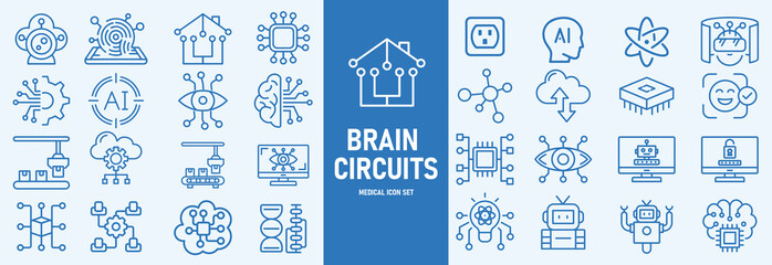 Machine learning outline icons set vector illustrator. AI, data analysis, algorithms, data, automation, learning, science, networks and more.