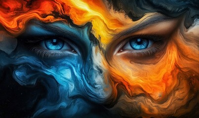 Poster - Intense, vibrant portrait: Striking blue eyes amidst swirling fire and water textures evoke drama.