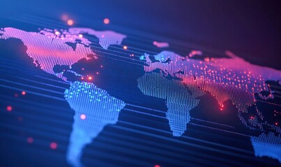 Poster - a digital world map glows with interconnected networks and data points highlighting global connectio