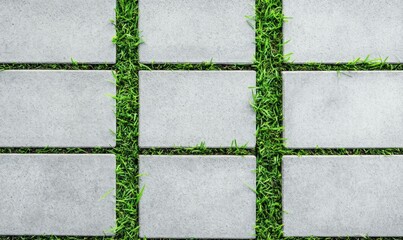Poster - Geometric beauty: Concrete pavers and vibrant green grass create a modern outdoor pattern.