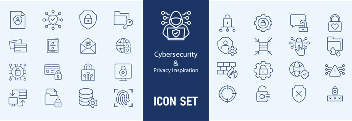Cybersecurity icons set with firewall, data encryption, password protection, phishing attack, two factor authentication, cyber threat, 