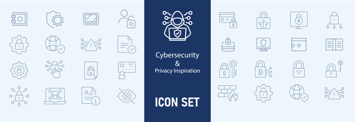 Cybersecurity icons set with firewall, data encryption, password protection, phishing attack, two factor authentication, cyber threat, 