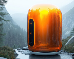 Poster - futuristic orange smart device in tranquil mountain landscape with forest and stream reflection