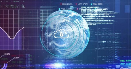 Poster - Cloud security icon on digital globe with financial data and coding in background