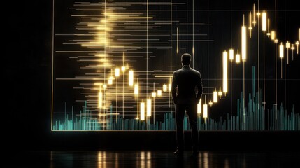 Poster - A silhouette of a person stands in front of a glowing financial chart, representing analysis and insight into market trends.
