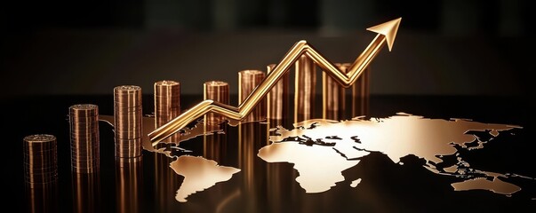 Poster - A stylized graph rises above coins and a world map, symbolizing financial growth, investment, and global markets.
