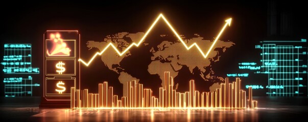 Poster - A digital representation of financial growth, featuring a world map and rising graphs, symbolizing economic trends and market analysis.