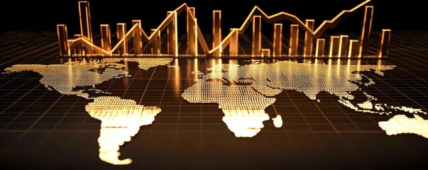 Poster - A digital world map with glowing data visualizations and financial graphs, highlighting global economic trends and statistics.