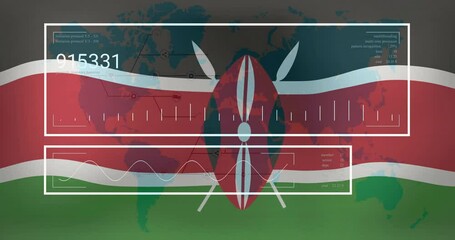 Poster - Kenya flag with data processing animation over world map background