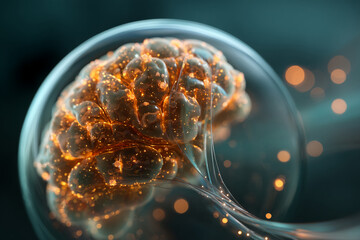 Poster - Glowing amber brain model in glass container, intricate detail, neural connections visible, suggesting intelligence, innovation, and neurological research