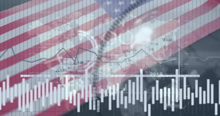 Poster - Animation of financial data and graphs overlaid on American flag and world map