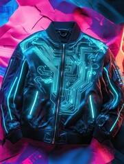 Poster - A black bomber jacket is decorated with glowing circuit patterns