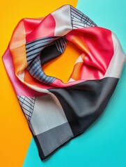 Poster - Colorful silk scarf with geometric pattern displayed over contrasting backgrounds