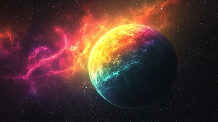 Wall Mural - A vibrant, colorful planet bathed in the glow of a distant nebula.