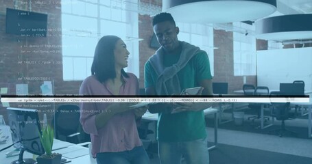 Poster - Diverse colleagues discussing work over computer code animation in modern office
