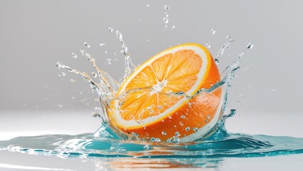 Poster - Isolated on white, fresh orange dropped into water creating a splash
