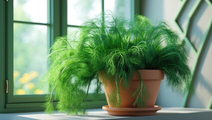 Poster - Growing fresh dill in a pot on the windowsill inside