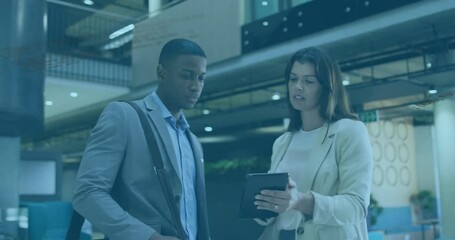 Poster - In modern office, professionals discussing work while looking at tablet animation