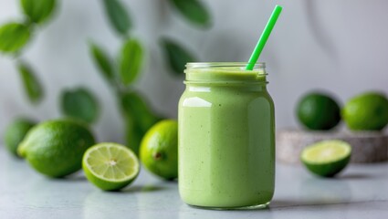 Poster - Fresh feijoa smoothie presented in a mason jar on a light-colored table, close-up. Area for text
