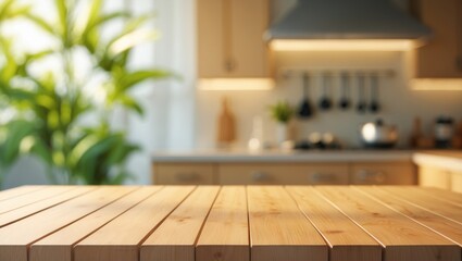 Poster - Blurred kitchen counter backdrop with a focus on wooden table top for product display montage or key visual layout.