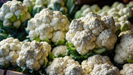 Aufkleber - Fresh cauliflower heads shown for sale at a market, highlighting natural textures and intricate details.