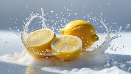 Aufkleber - Water and fresh lemon splash against a white background.