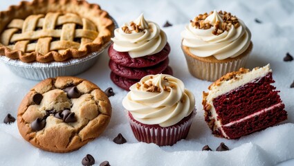 Poster - Bakery sweets and desserts, fresh and delicious, captured in closeup against a white backdrop.