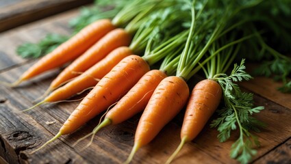Poster - Fresh organic carrots with their green tops on a wooden table, detailed view