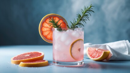 Poster - Rosemary-infused grapefruit lemonade served over ice in a glass against a blue backdrop with fresh citrus slices and a napkin. A trendy, refreshing cocktail concept for summer.