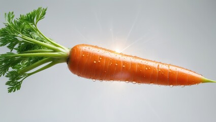 Poster - A flying fresh carrot featuring water drops, isolated against a white background, clipping path.