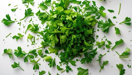 Poster - Freshly sliced green parsley leaves on a white surface, top perspective