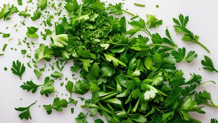 Poster - Top view of freshly sliced green parsley leaves against a white backdrop