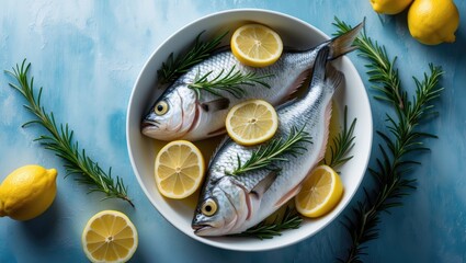 Poster - Top-down view of cooking fresh fish with lemon and rosemary. Seafood, health-conscious meal.