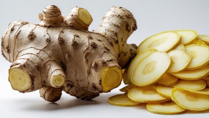 Poster - White background featuring fresh ginger and sliced ginger.