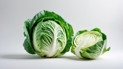 Poster - Cut in half fresh green cabbage on white background. Clipping path.