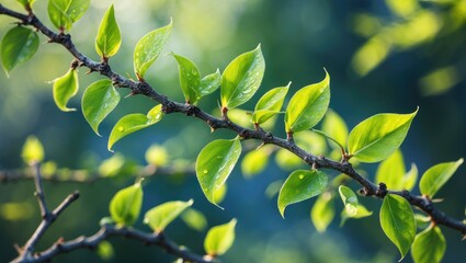 Poster - Lively Spring Green Leaves on Twigs - Close-Up of Nature's Budding Branches