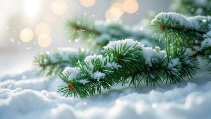 Poster - Fluffy green fir tree limb resting on snow. Wallpaper inspiration. Empty space available