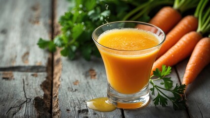 Aufkleber - Fresh carrot juice served in a glass with vegetables on a grey table, close-up