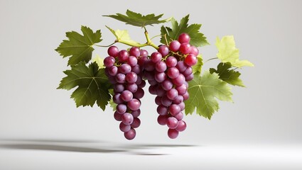 Poster - Fresh plump grapes with leaves drifting in the air against a white background