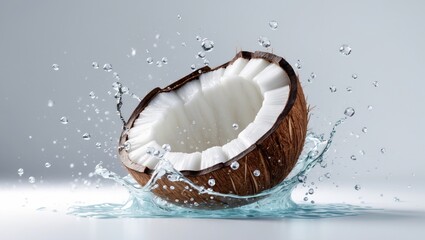 Poster - Nut releasing fresh coconut water splashing upward on a white background
