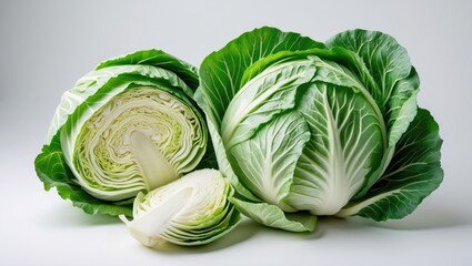 Poster - Halved fresh green cabbage set against a white background. Clipping path.