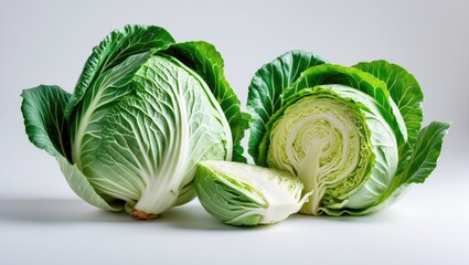Poster - Isolated fresh green cabbage cut in half on a white background. Clipping path.