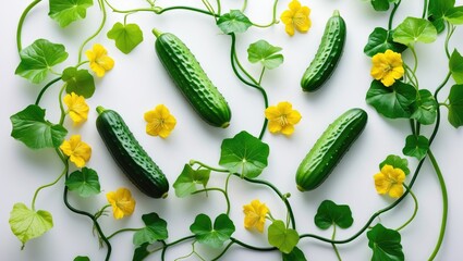 Poster - Fresh cucumber flowers, young gherkins, and young cucumber leaves isolated on a white backdrop