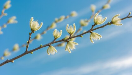Poster - Swaying shrub branch adorned with flowering willow-catkins in a gentle breeze.