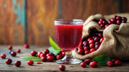 Poster - Natural Organic Cranberry Juice set against a wooden surface