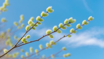 Poster - Willow-catkins blooming on a shrub branch swaying in the soft wind.
